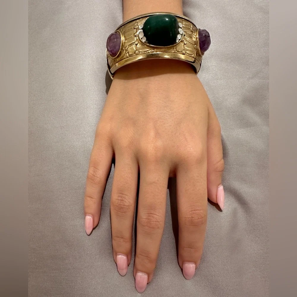 FABRIZIO GIANNONI Gold-Tone Cuff Bracelet with Green and Purple Stones